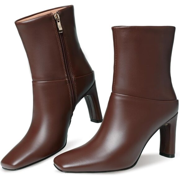 Women's Brown Square Toe Short Boots Side Zipper Low Heel Ankle Booties Comfort